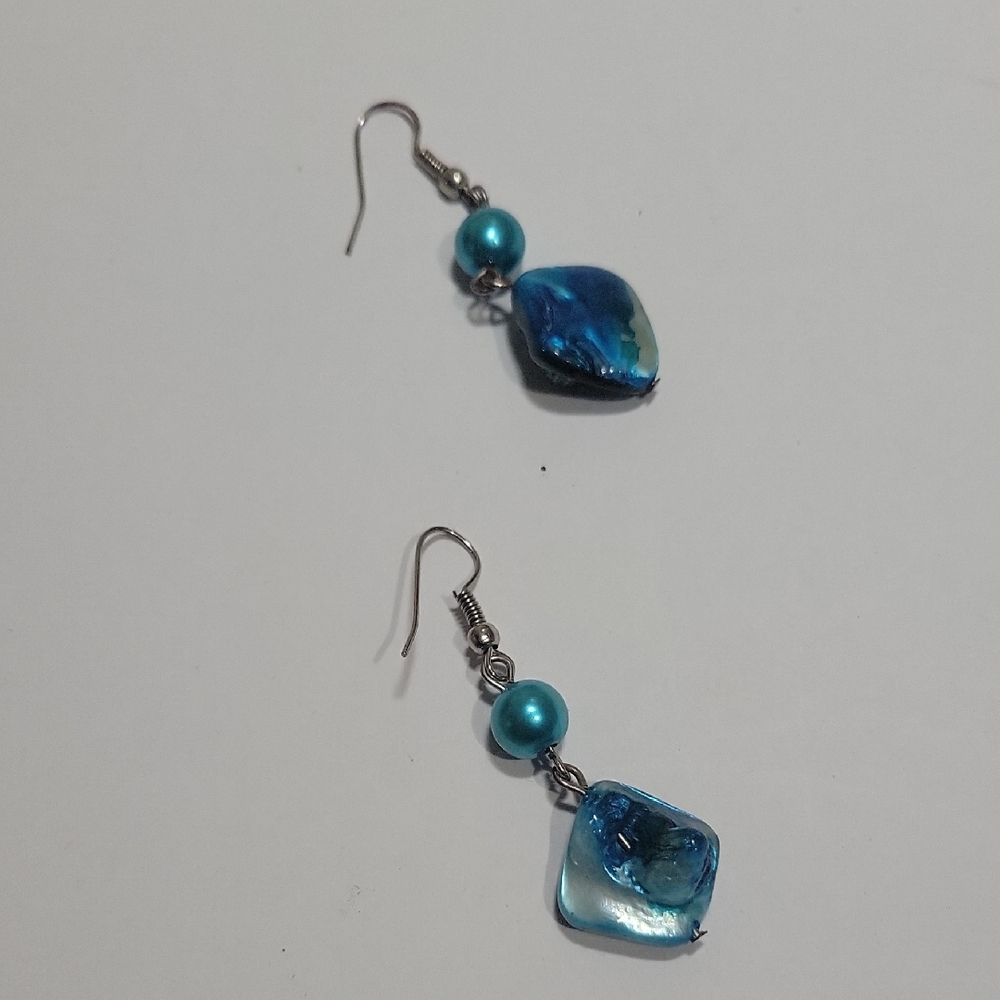 Vintage Blue Dangle Pearl & Shell Earrings